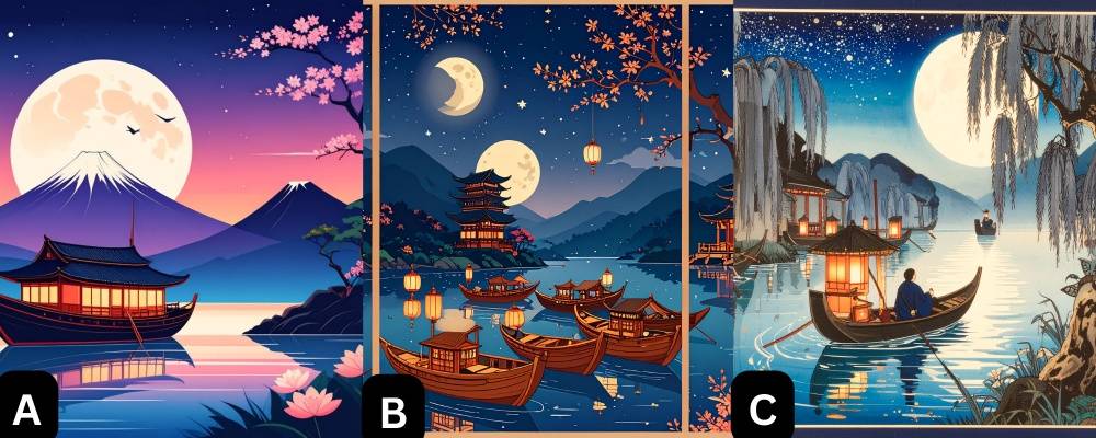 Three AI generated images created by Art Museum Staff in an attempt to create an image that looks like a Japanese print night landscape. Each images contains water, boats, lanterns, tress, mountains and the moon.